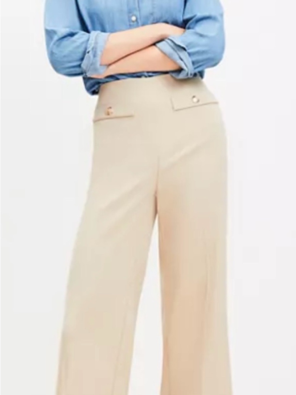 LOFT Button Trim Wide-Leg Pants with Button Tab in Twill